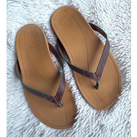Leather Chaco Dark & Light Brown Thong Sandals Slip On Open Back Sz 6M - Picture 2 of 6